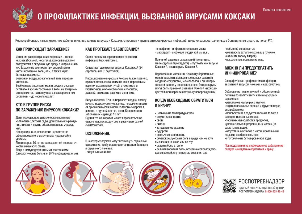 О профилактике энтеровирусной инфекции Энтеровирусная инфекция многолика: часто протекает бессимптомно, иногда похожа на ОРВИ, но может быть и смертельно опасной. Столкнуться с энтеровирусом - возбудителем этой инфекции - очень легко, так как он распространен повсеместно, а кроме того он очень устойчив во внешней среде. От энтеровирусных инфекций нет вакцин, а значит нельзя заранее подготовиться к встрече с ними, как например, в случае с ветрянкой, гриппом или гепатитом В. Энтеровирусы длительное время могут сохраняться в сточных водах, плавательных бассейнах, открытых водоемах, предметах обихода, продуктах питания (молоко, фрукты, овощи). Источник энтеровирусной инфекции - всегда только человек: больной или носитель возбудителя. Основные пути передачи – водный и контактно-бытовой, дополнительный путь – воздушно-капельный при развитии у больных симптомов поражения верхних дыхательных путей. Факторами передачи инфекции могут быть вода, плохо вымытые овощи, фрукты, зелень, грязные руки, игрушки. Дети болеют энтеровирусной инфекцией чаще и тяжелее, чем взрослые. Взрослые тоже могут заразиться, но болеют они чаще бессимптомно или легкой форме. Симптомы энтеровирусной инфекции разнообразны. Это заболевание может протекать в виде герпетической ангины, высыпаний на коже туловища, конечностей, на лице в области ротовой полости, расстройств пищеварения. Перечисленные симптомы могут сопровождаться подъемом температуры, слабостью, насморком и другими симптомами респираторных заболеваний, головными и мышечными болями. При появлении перечисленных жалоб необходимо срочно изолировать больного, так как он является источником заражения для окружающих, и обратиться к врачу. Несмотря на яркую клинику и выраженность проявлений течение энтеровирусной инфекции чаще благоприятное, осложнения встречаются редко. Как же защитить себя от энтеровируса? Необходимо соблюдать простые правила: • мыть руки с мылом после посещения туалета, перед едой; • тщательно мыть фрукты и овощи; • пить только бутилированную воду промышленного производства или кипяченую; • избегать контактов с людьми с признаками инфекционных заболеваний, с сыпью, температурой, кашлем и другими симптомами; • купаться только на специально оборудованных пляжах или в бассейнах, в которых проводится обеззараживание и контроль качества воды; • защищать пищу от мух и других насекомых; • не трогать грязными руками лицо, нос, глаза. Берегите себя и будьте здоровы!